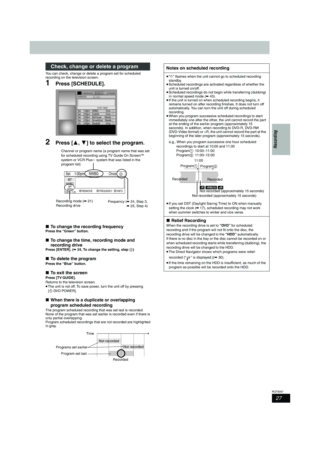 Panasonic DMR-EH60 warranty Check, change or delete a program, Press 3, 4 to select the program 