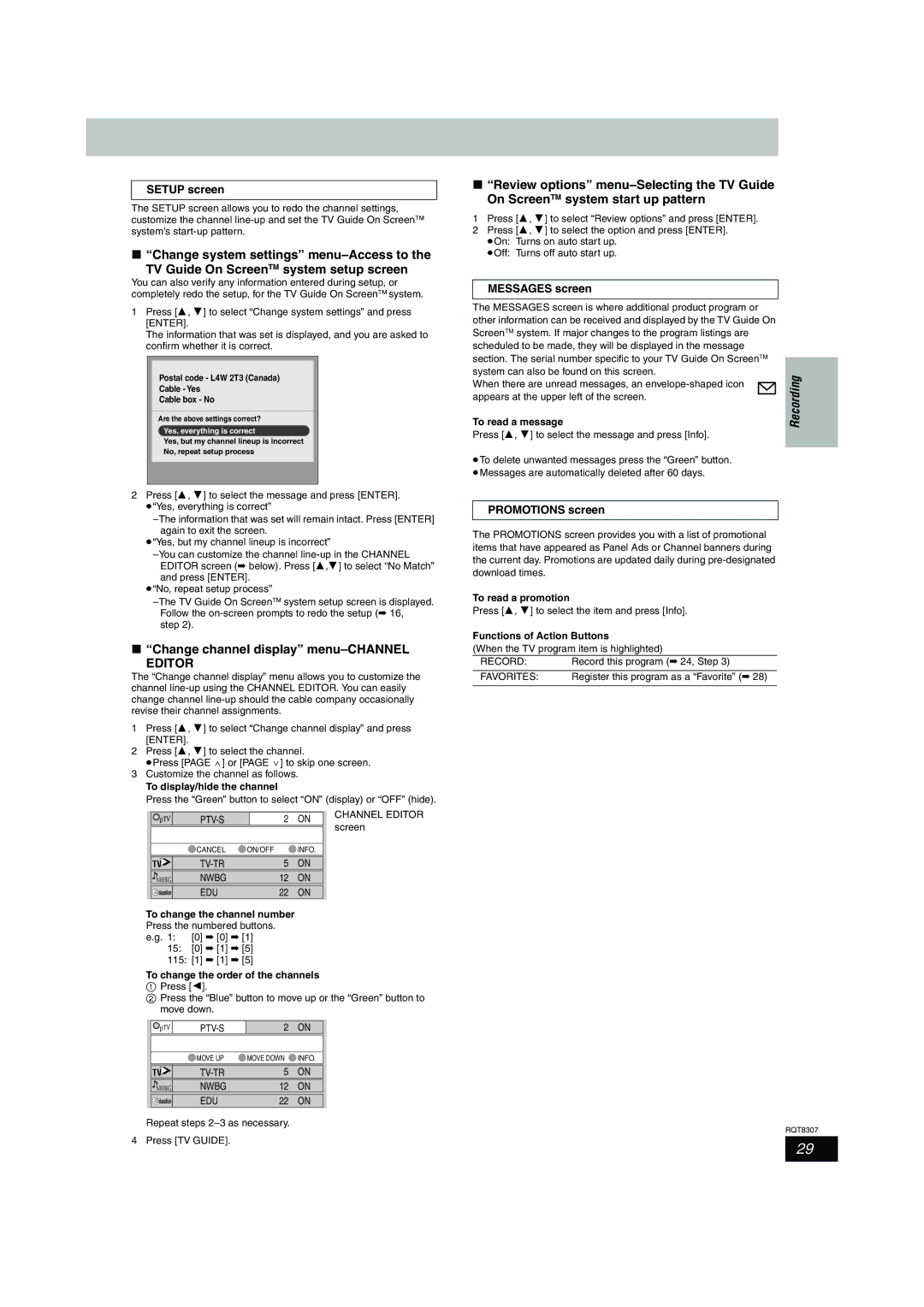 Panasonic DMR-EH60 warranty Change channel display menu-CHANNEL, Setup screen, Messages screen, Promotions screen 