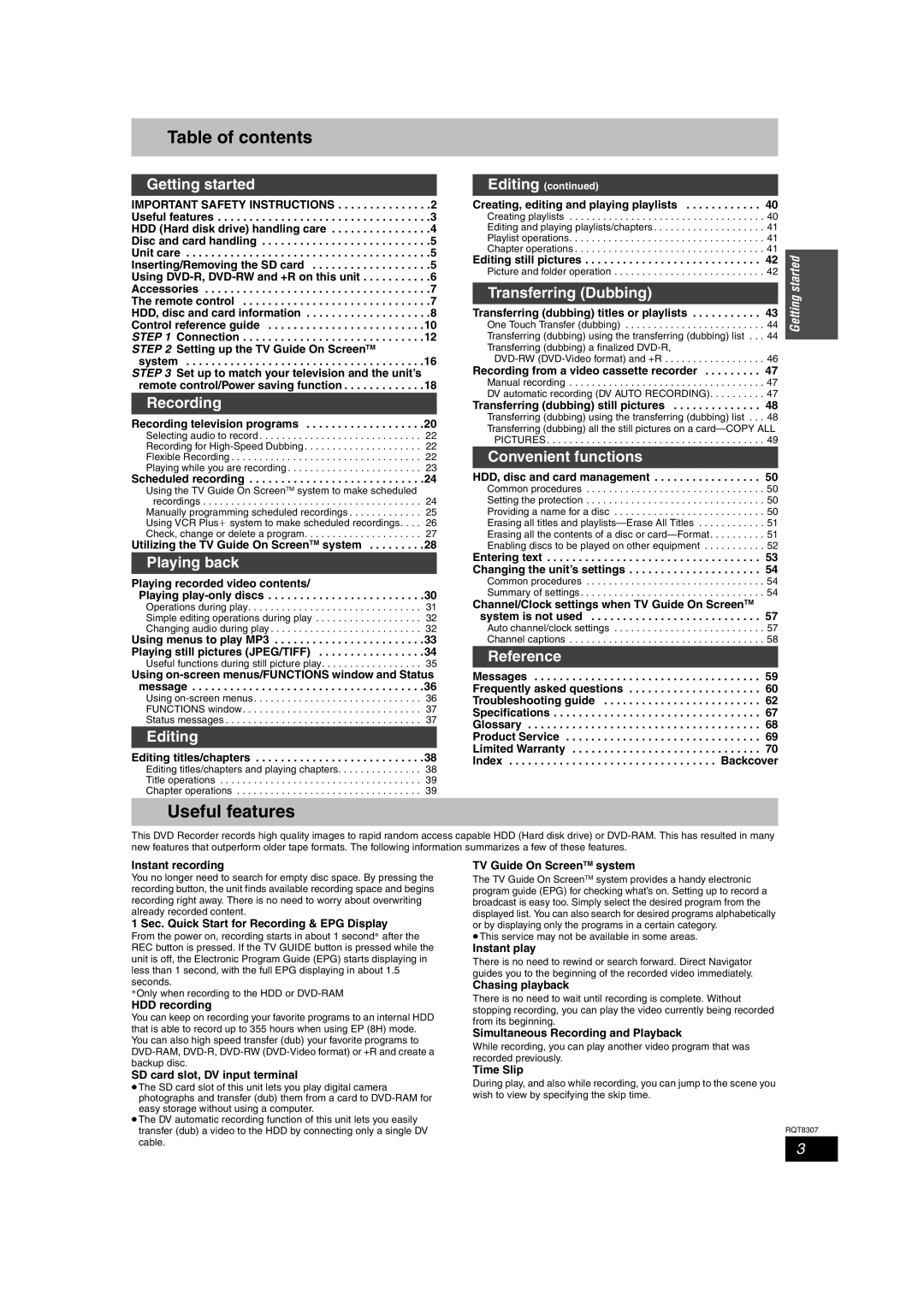 Panasonic DMR-EH60 warranty Table of contents, Useful features 