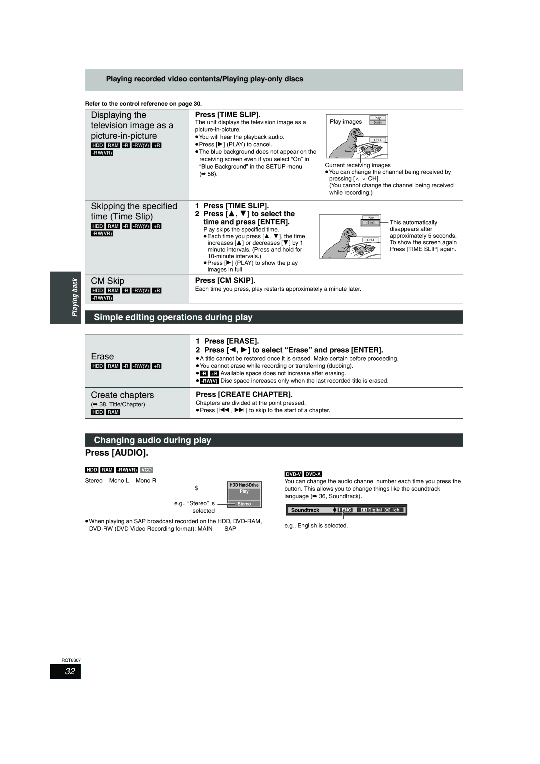 Panasonic DMR-EH60 warranty Simple editing operations during play, Changing audio during play 