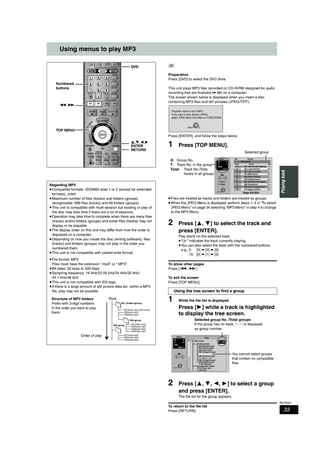 Panasonic DMR-EH60 warranty Using menus to play MP3, Press TOP Menu, Press 3, 4 to select the track and press Enter 