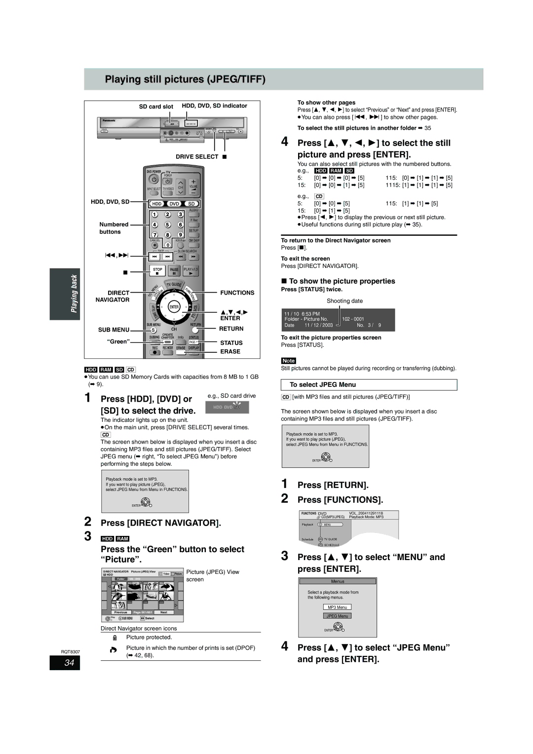 Panasonic DMR-EH60 warranty Playing still pictures JPEG/TIFF 