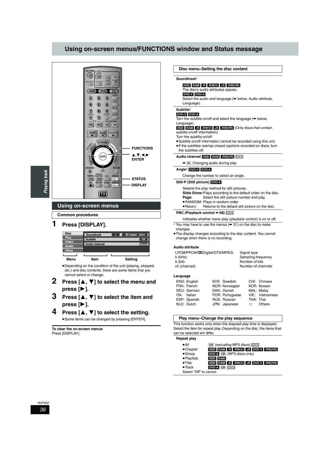 Panasonic DMR-EH60 warranty Using on-screen menus/FUNCTIONS window and Status message, Press Display 