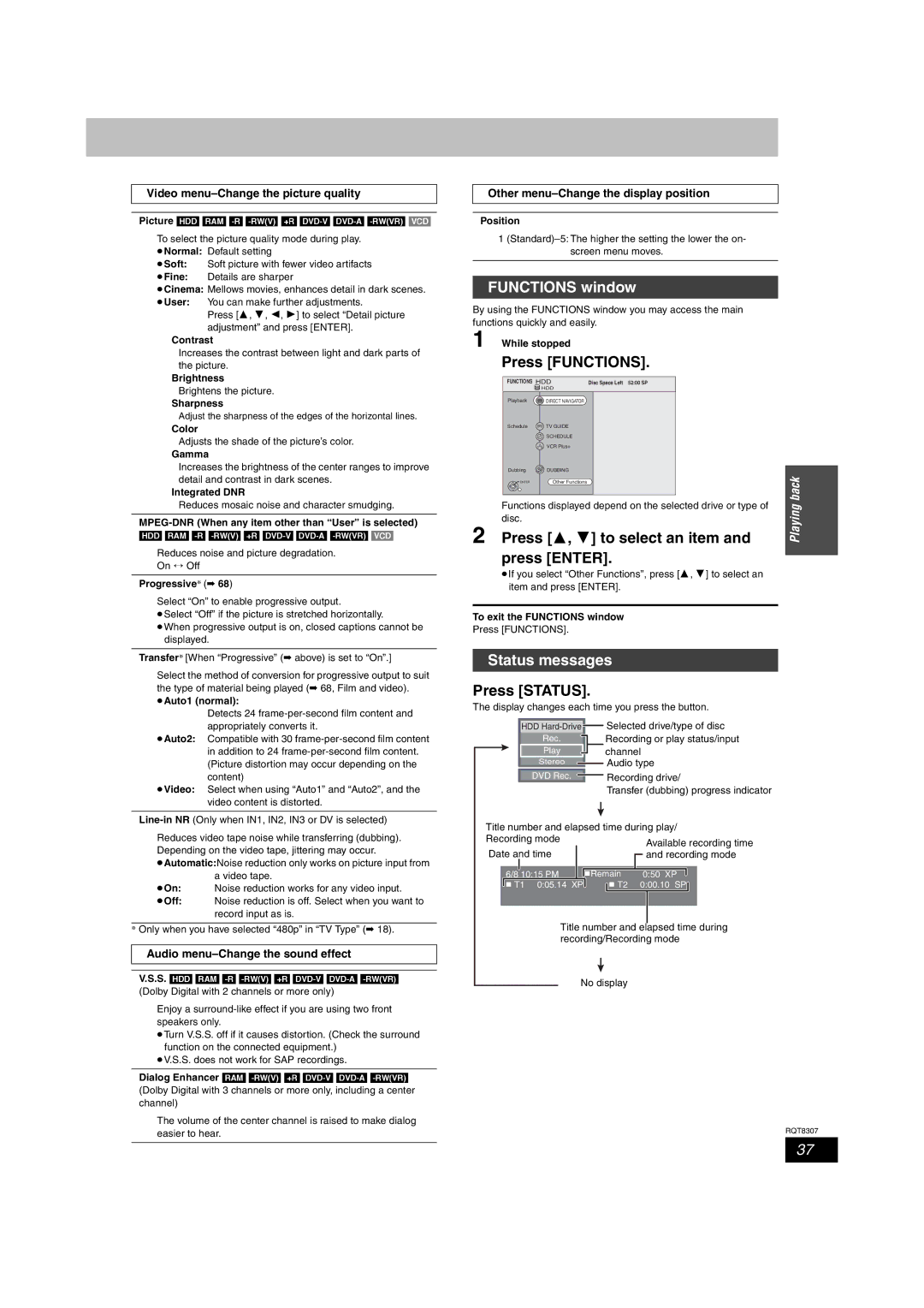 Panasonic DMR-EH60 warranty Functions window, Press 3, 4 to select an item, Status messages, Press Status 