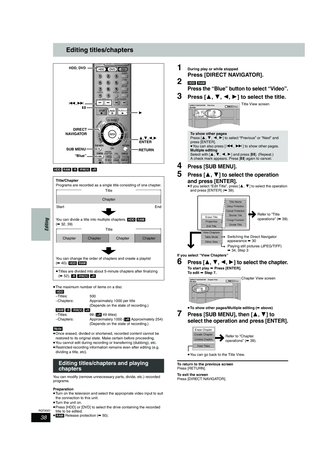 Panasonic DMR-EH60 warranty Editing titles/chapters and playing, Chapters, Press 3, 4, 2, 1 to select the chapter 