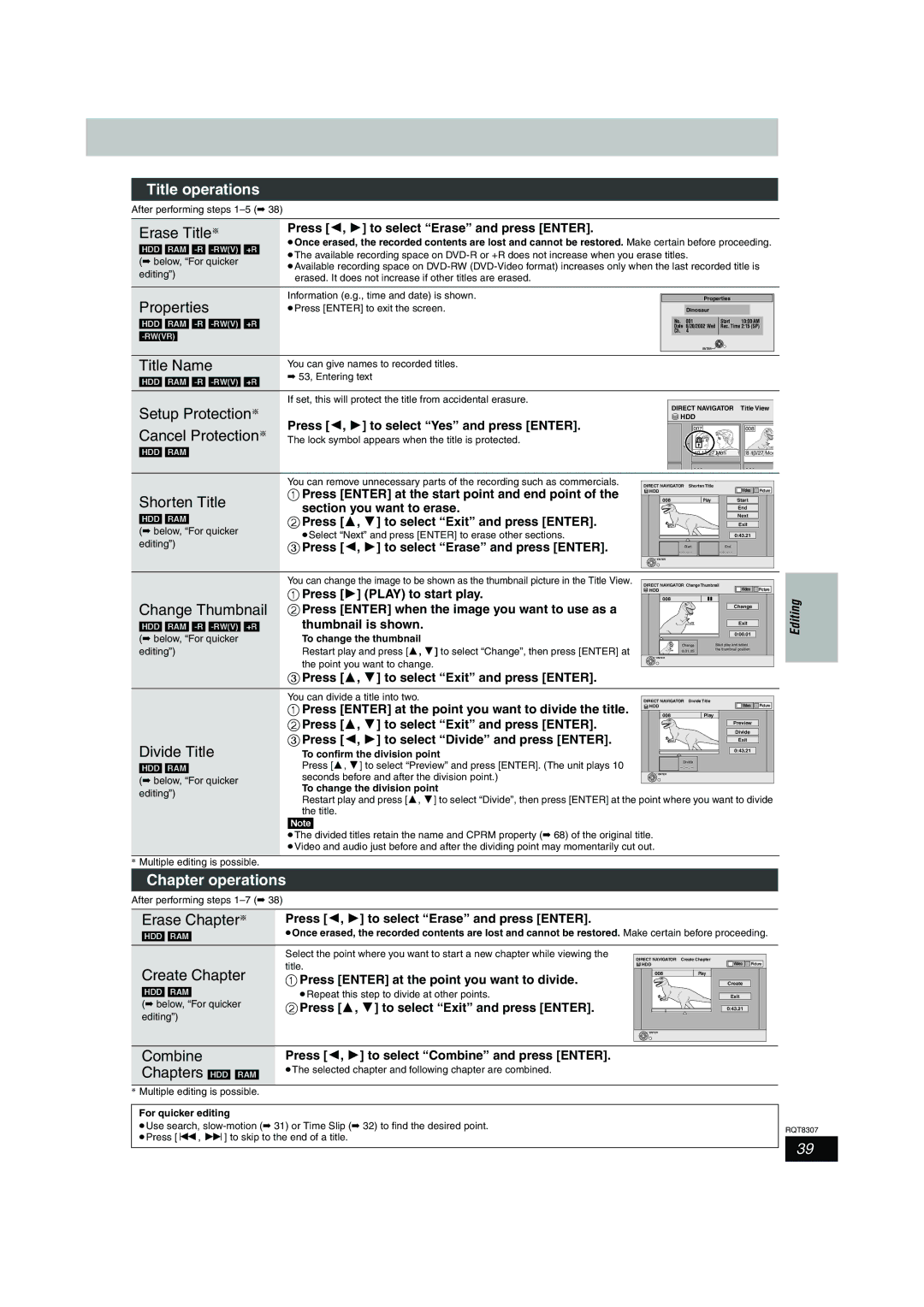 Panasonic DMR-EH60 warranty Title operations, Chapter operations, Combine 