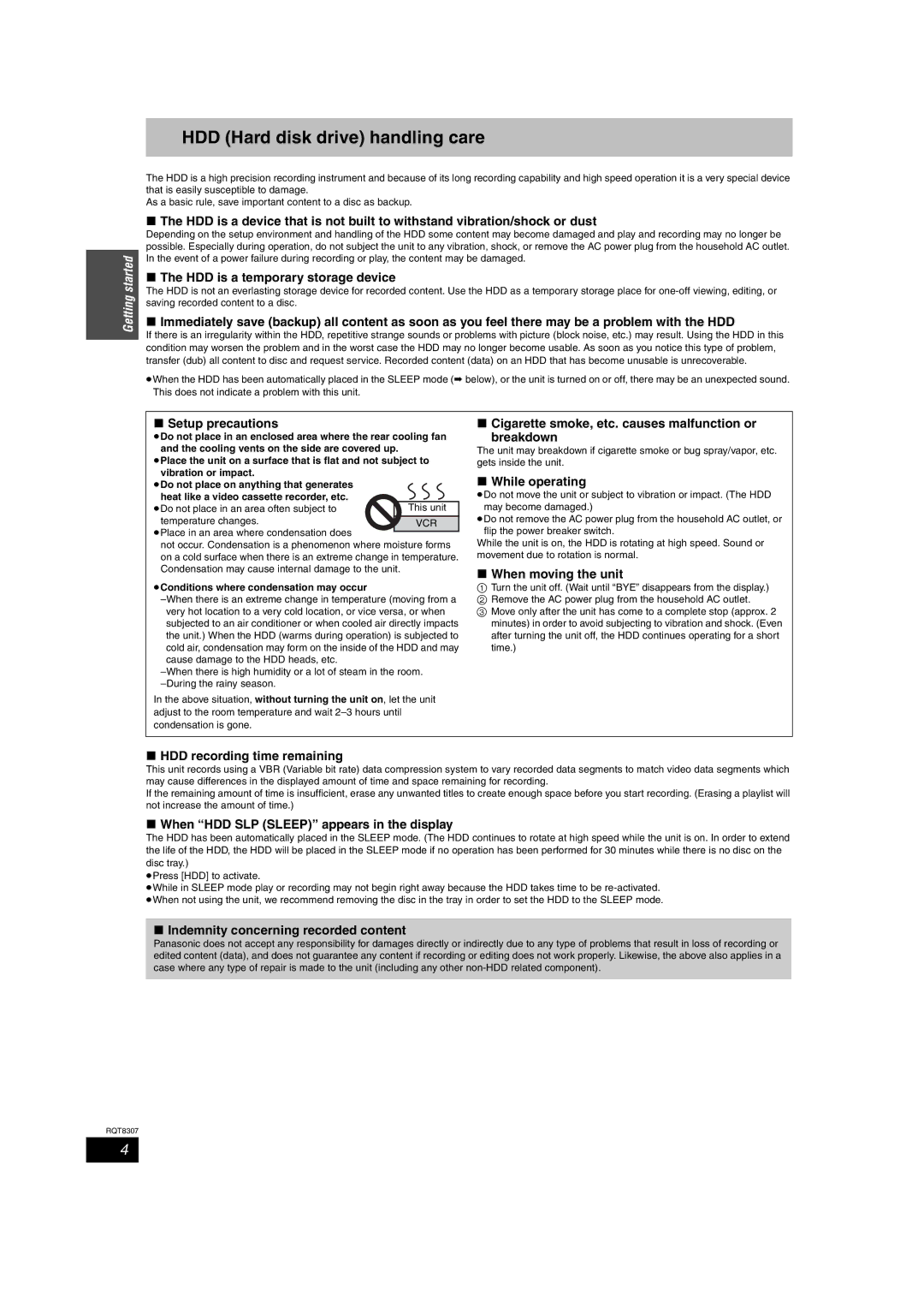 Panasonic DMR-EH60 warranty HDD Hard disk drive handling care 