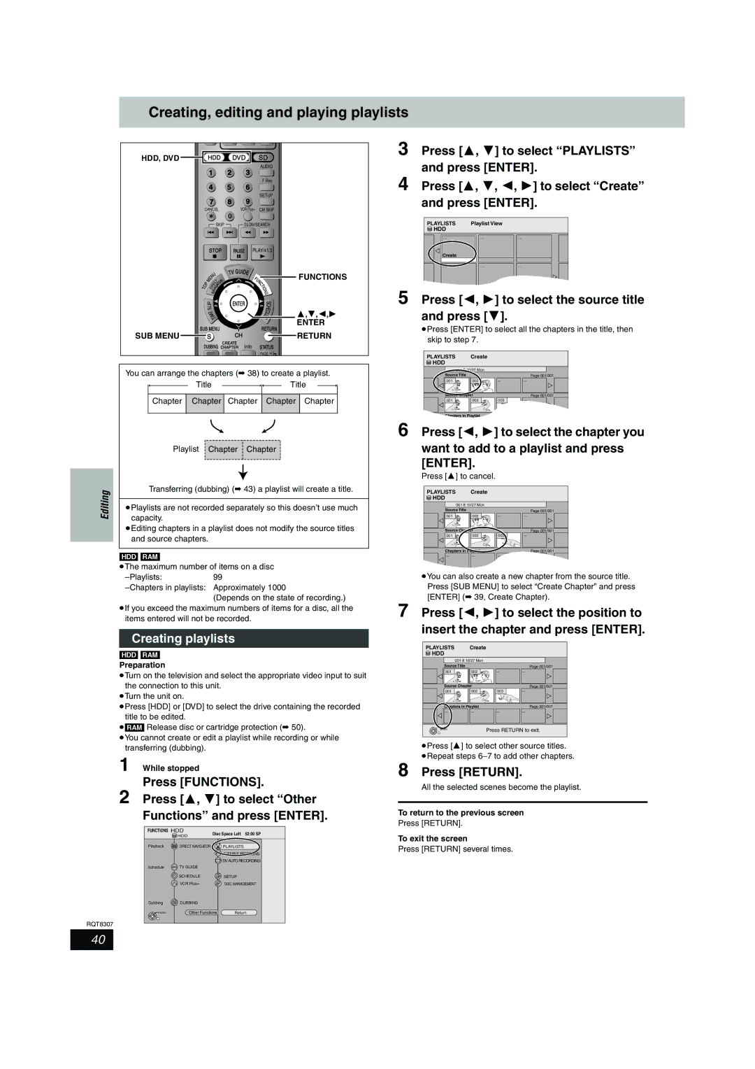 Panasonic DMR-EH60 warranty Creating, editing and playing playlists, Press 2, 1 to select the source title and press 