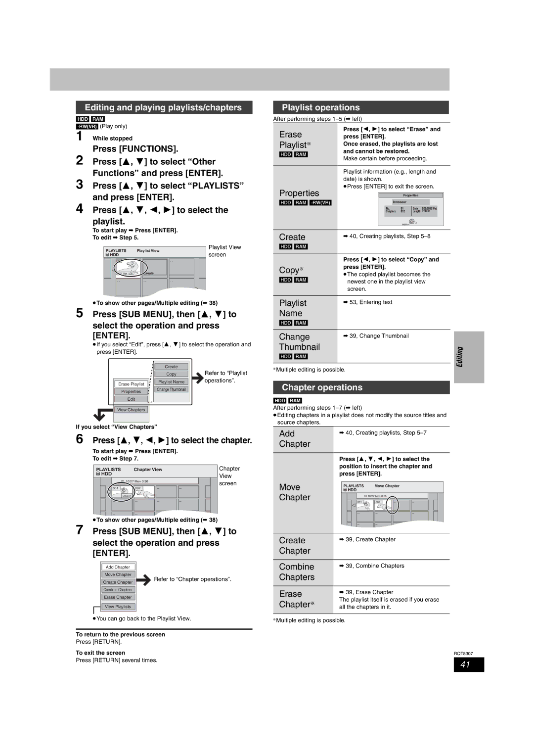 Panasonic DMR-EH60 warranty Editing and playing playlists/chapters, Press SUB MENU, then 3, 4 to, Playlist operations 