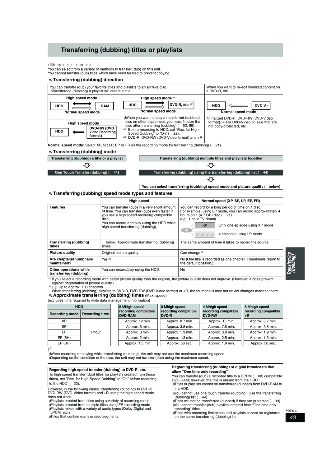 Panasonic DMR-EH60 Transferring dubbing titles or playlists, Transferring dubbing direction, Transferring dubbing mode 