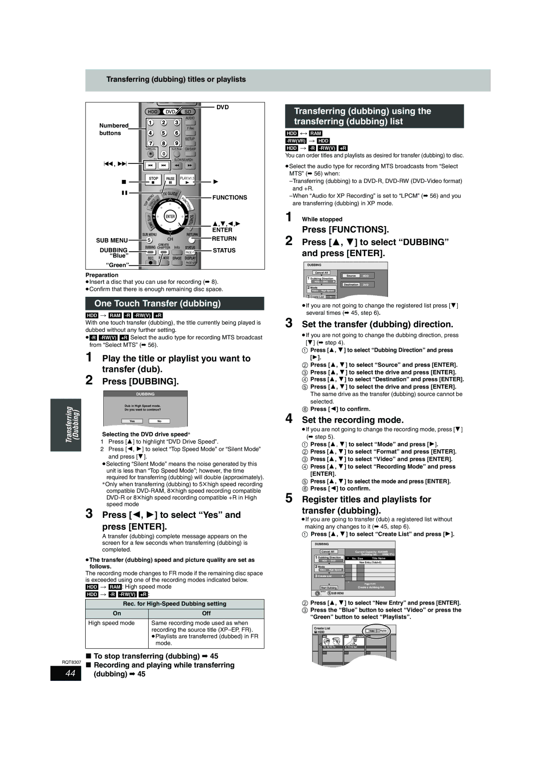 Panasonic DMR-EH60 warranty One Touch Transfer dubbing, Set the transfer dubbing direction, Set the recording mode, Dubbing 