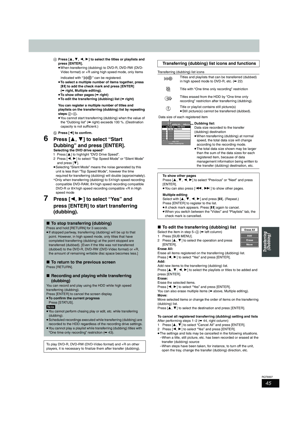 Panasonic DMR-EH60 warranty Press 3, 4 to select Start Dubbing and press Enter 