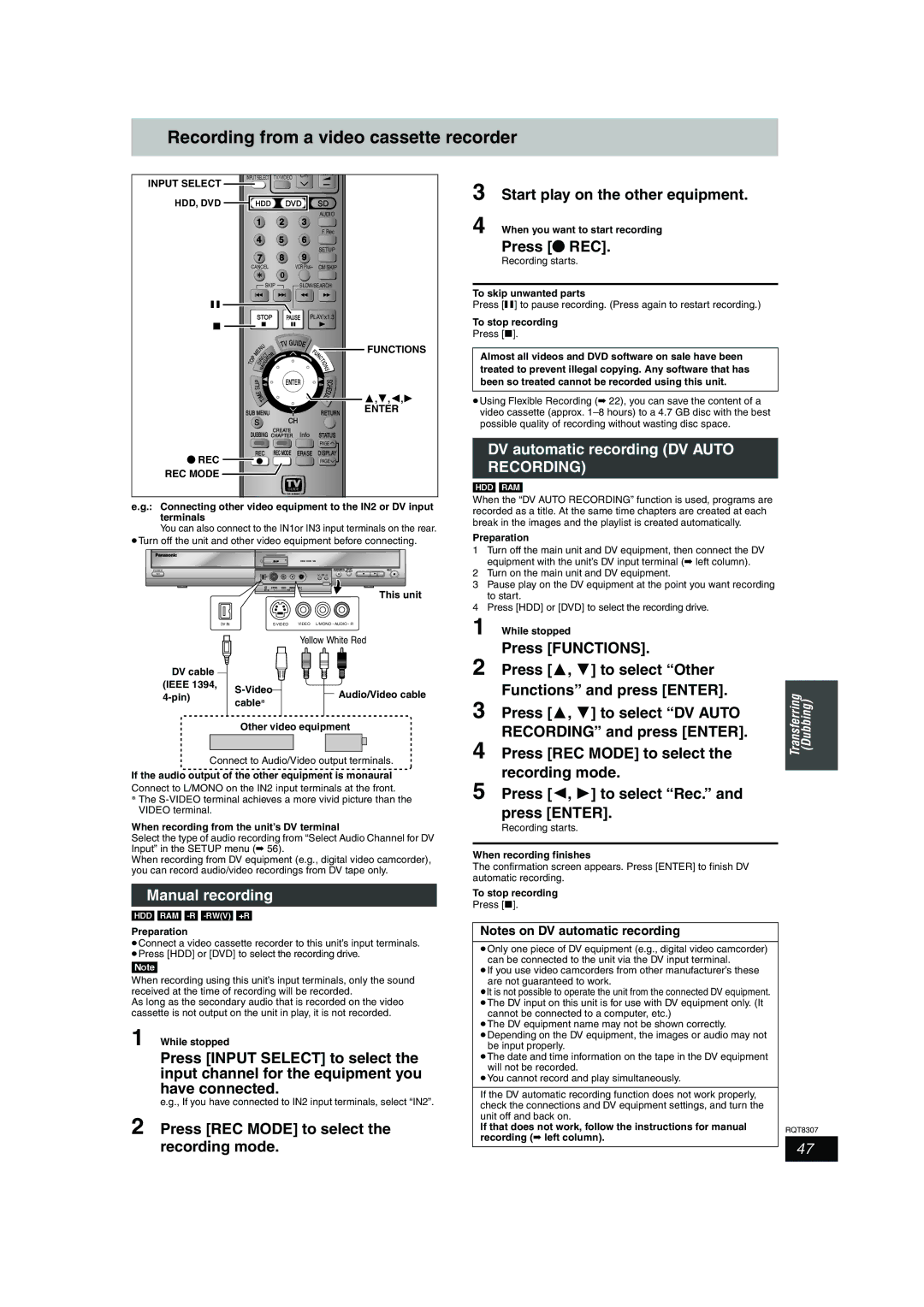 Panasonic DMR-EH60 warranty Recording from a video cassette recorder, Manual recording, Start play on the other equipment 