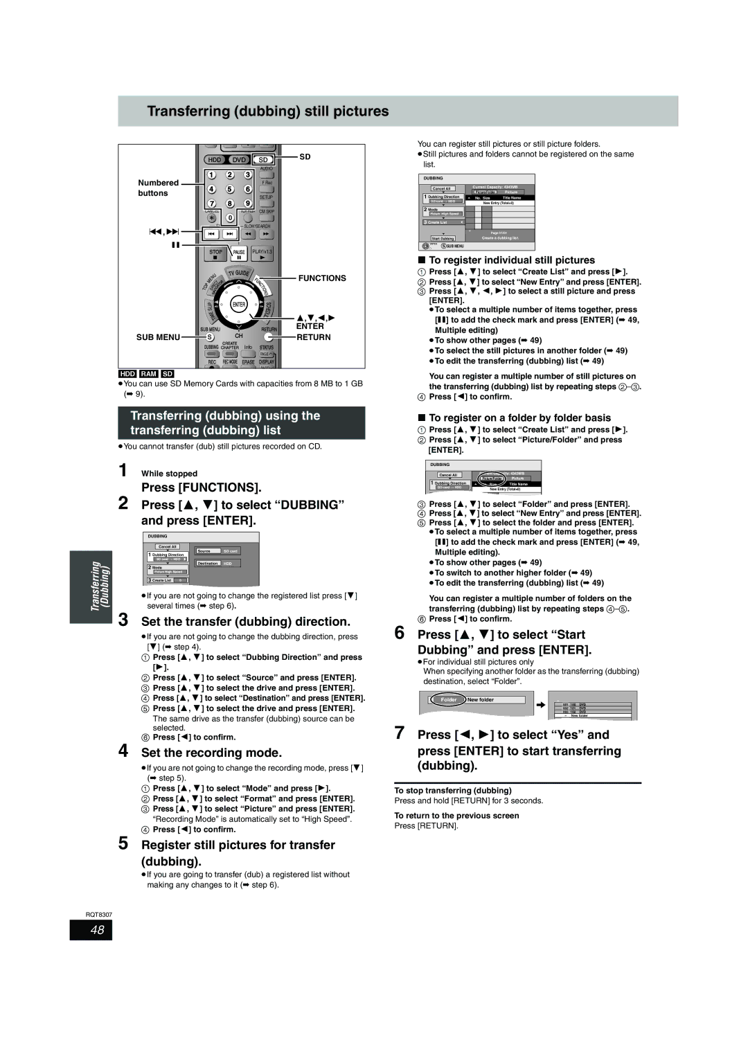 Panasonic DMR-EH60 warranty Transferring dubbing still pictures, Transferring dubbing using the transferring dubbing list 