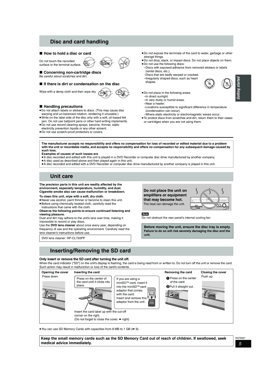 Panasonic DMR-EH60 warranty Disc and card handling, Unit care, Inserting/Removing the SD card 