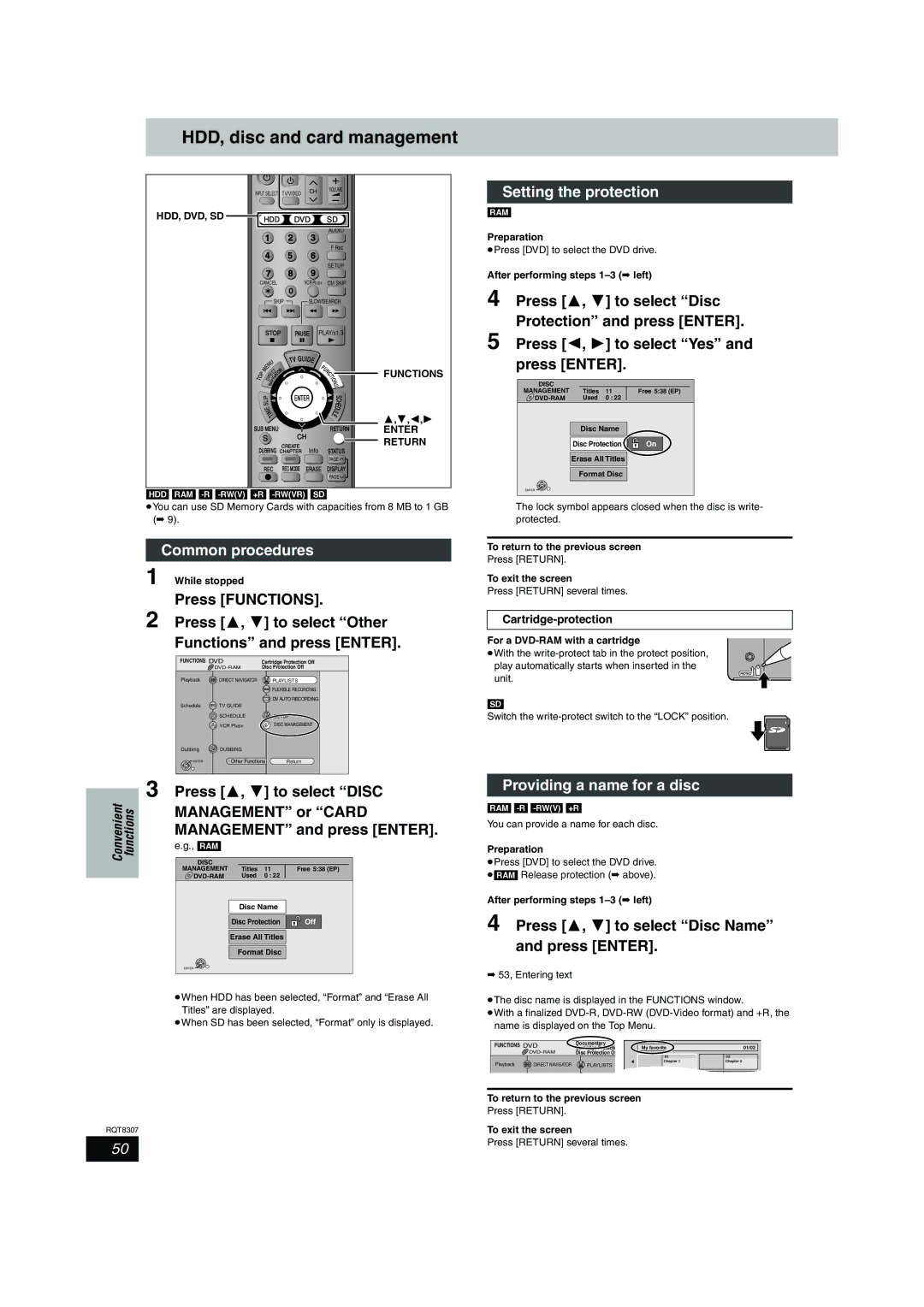 Panasonic DMR-EH60 HDD, disc and card management, Common procedures, Setting the protection, Providing a name for a disc 