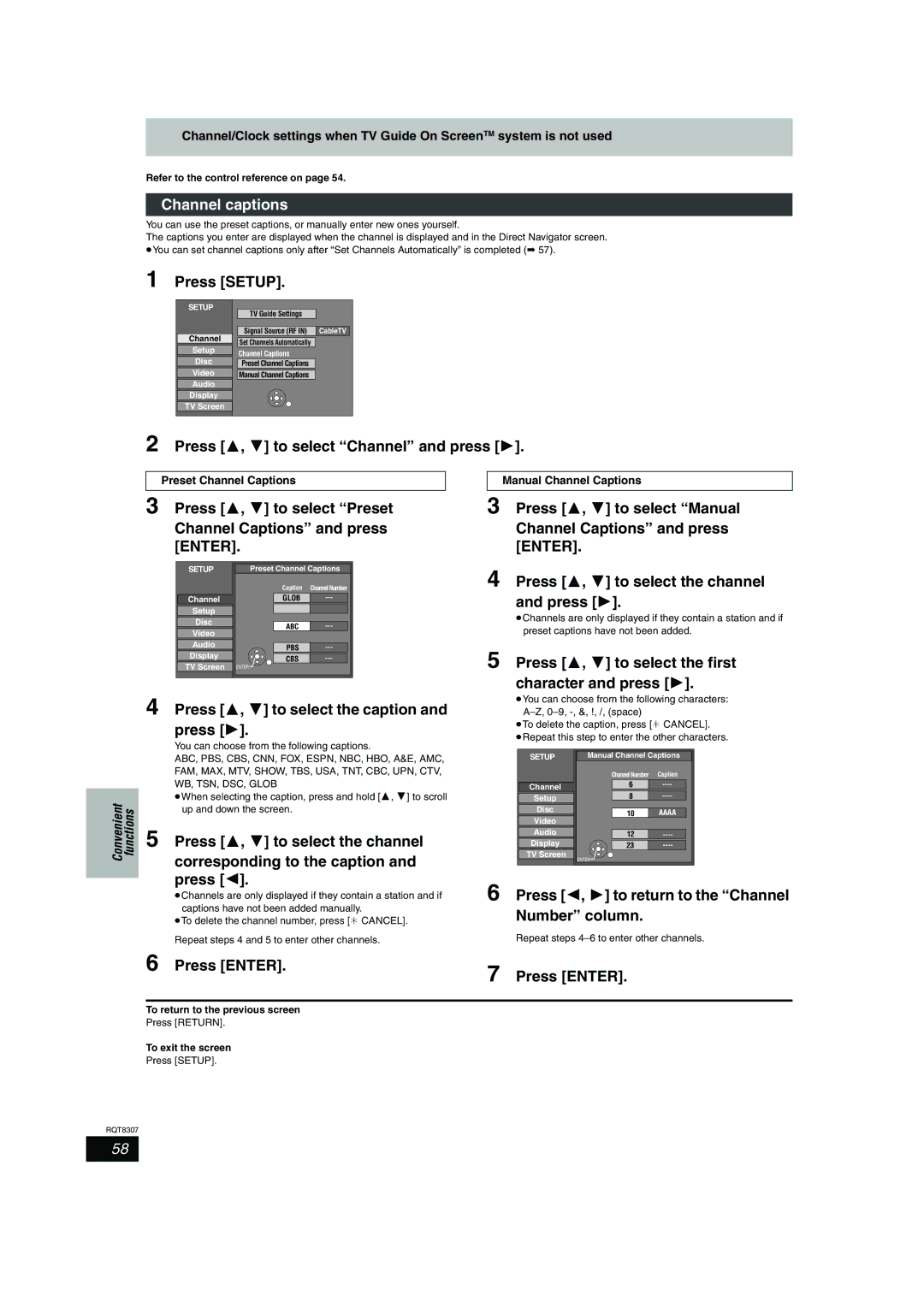 Panasonic DMR-EH60 warranty Channel captions, Press 3, 4 to select the caption and press 