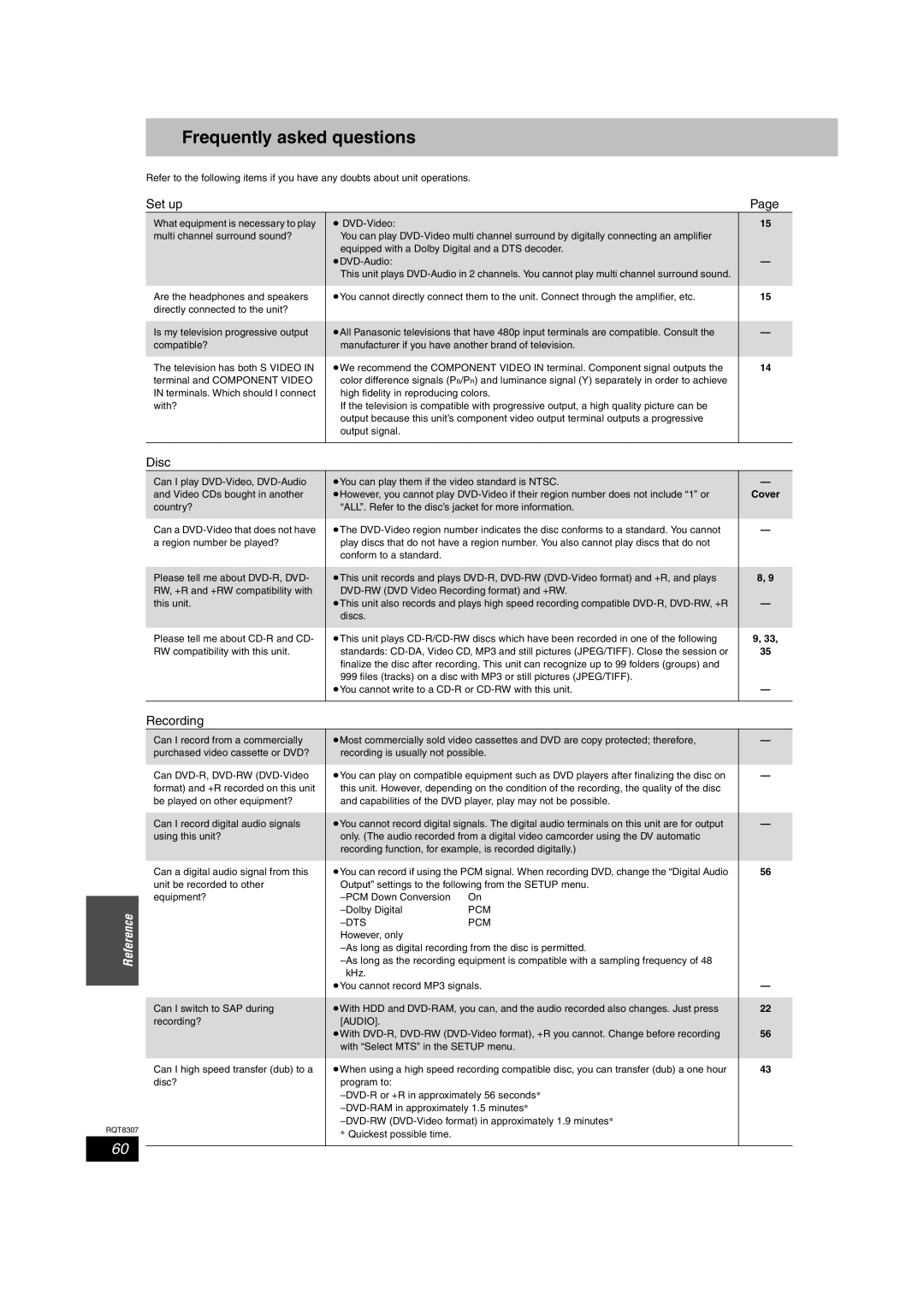 Panasonic DMR-EH60 warranty Frequently asked questions, Cover, Pcm Dts 