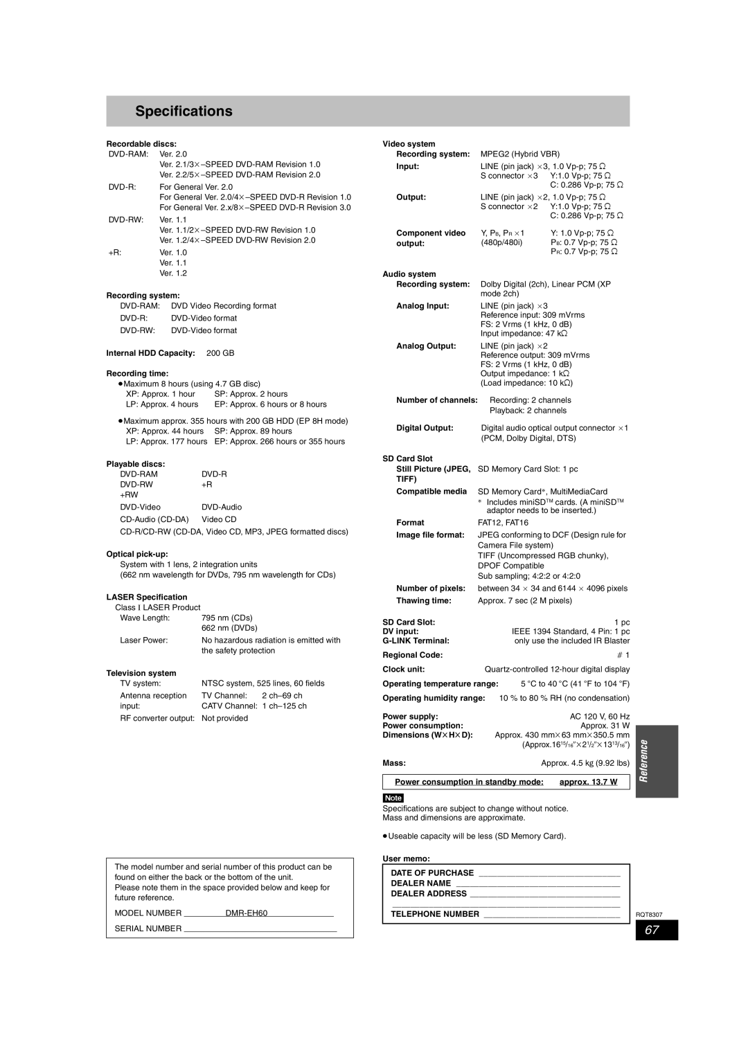 Panasonic DMR-EH60 warranty Specifications, Tiff 