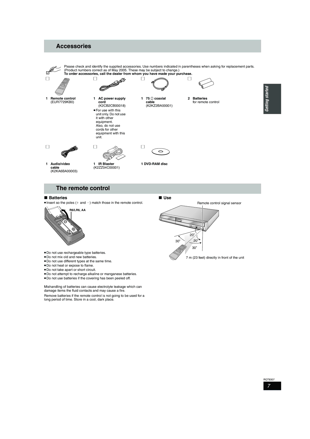 Panasonic DMR-EH60 warranty Accessories, Remote control, Batteries Use 