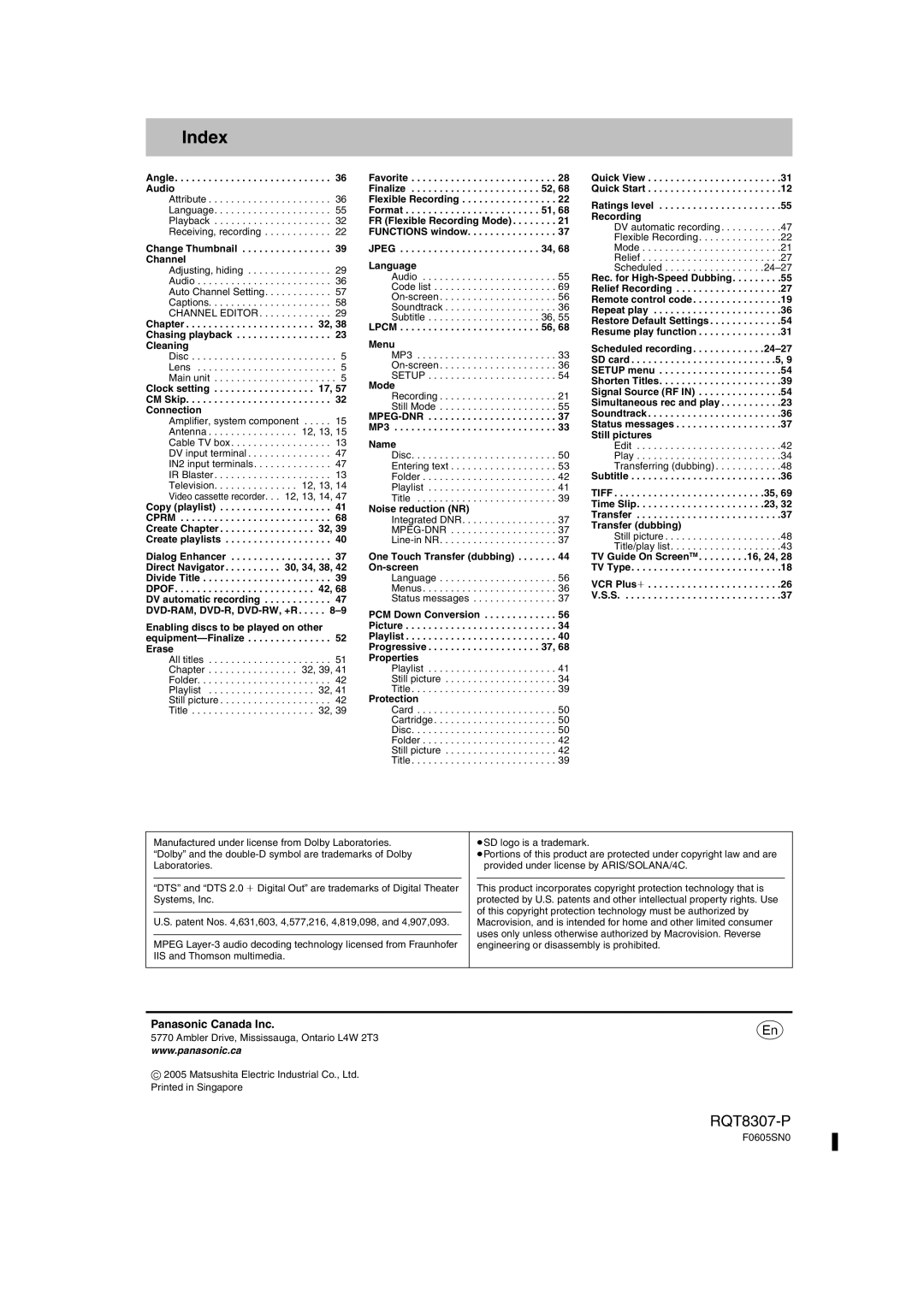 Panasonic DMR-EH60 warranty Index 