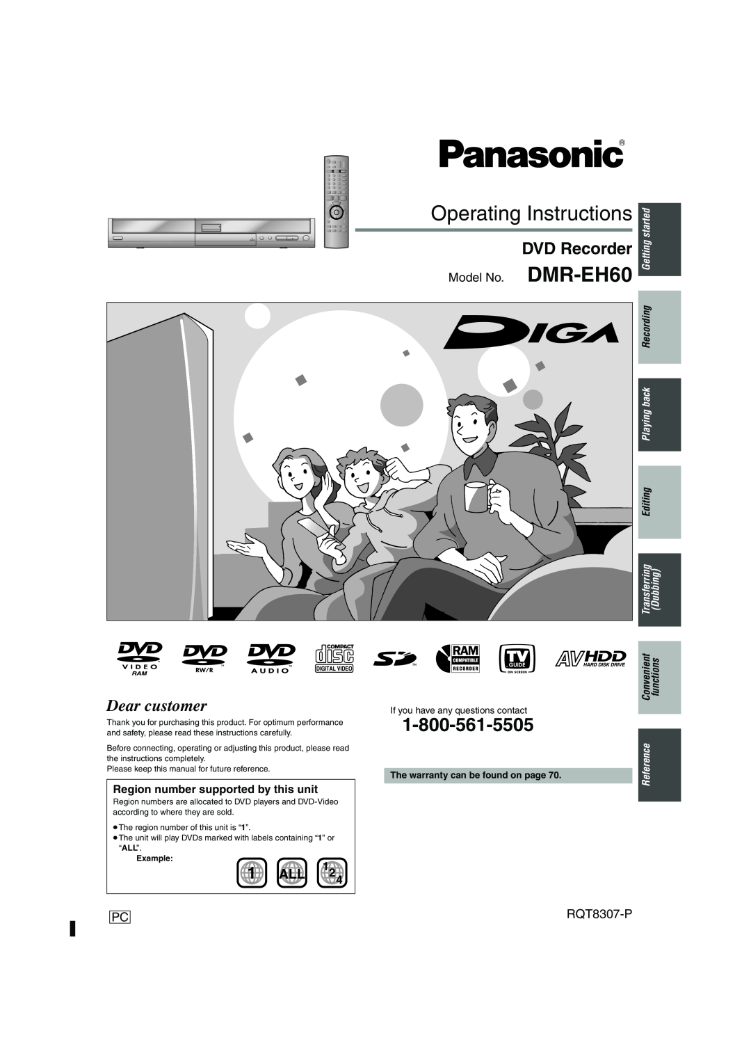 Panasonic warranty DVD Recorder, Model No. DMR-EH60, RQT8307-P, Region number supported by this unit, Getting started 