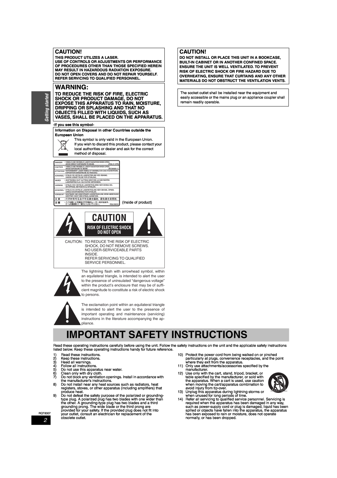 Panasonic DMR-EH60 warranty Important Safety Instructions, Getting started, Risk Of Electric Shock Do Not Open 