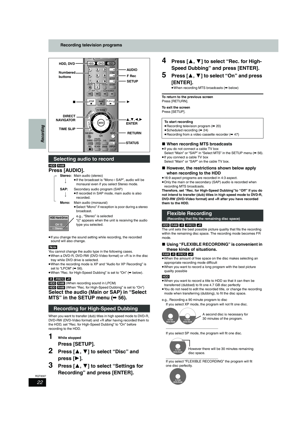 Panasonic DMR-EH60 warranty Press 3, 4 to select “Rec. for High Speed Dubbing” and press ENTER, Selecting audio to record 
