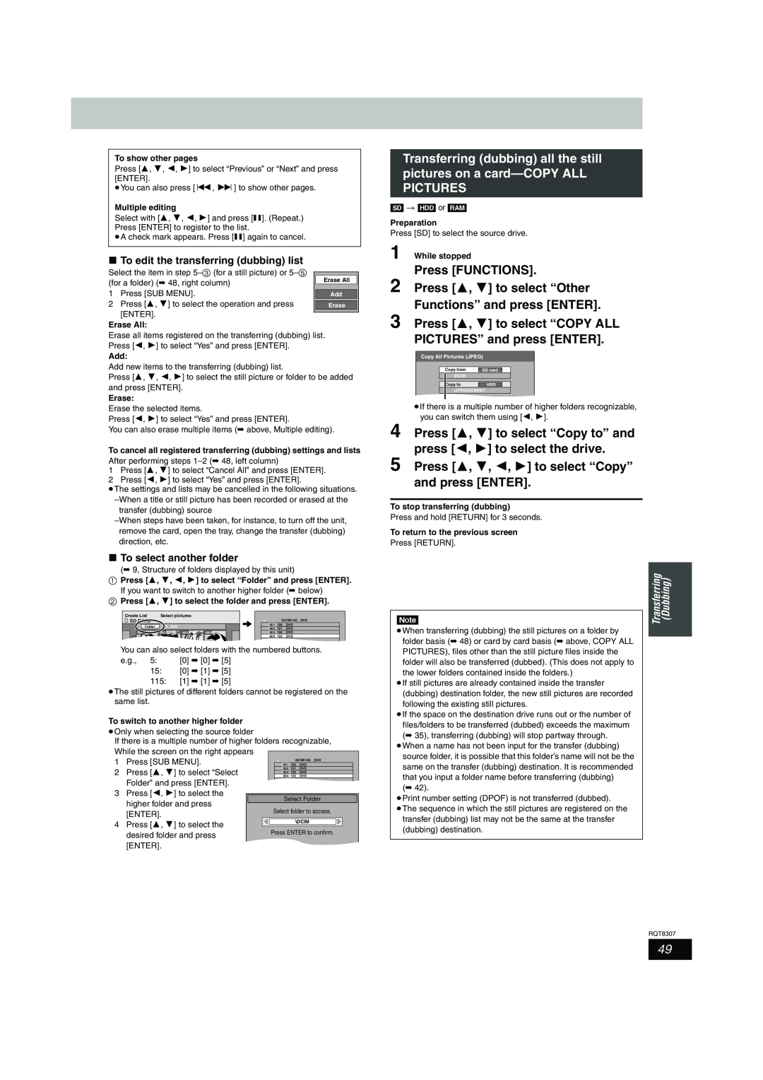 Panasonic DMR-EH60 warranty Functions” and press ENTER 3 Press 3, 4 to select “COPY ALL, PICTURES” and press ENTER 