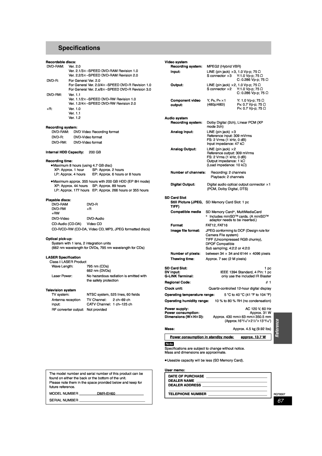 Panasonic DMR-EH60 warranty Specifications 