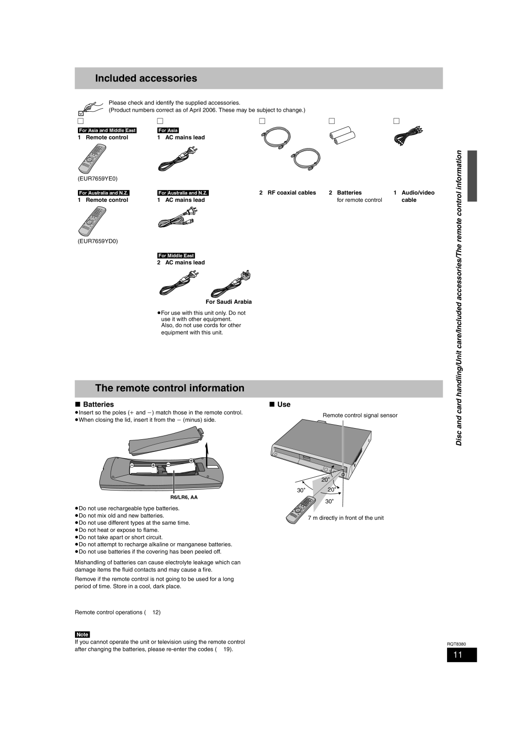 Panasonic DMR-EH65 operating instructions Included accessories, Remote control information, Batteries Use, Disc and card 