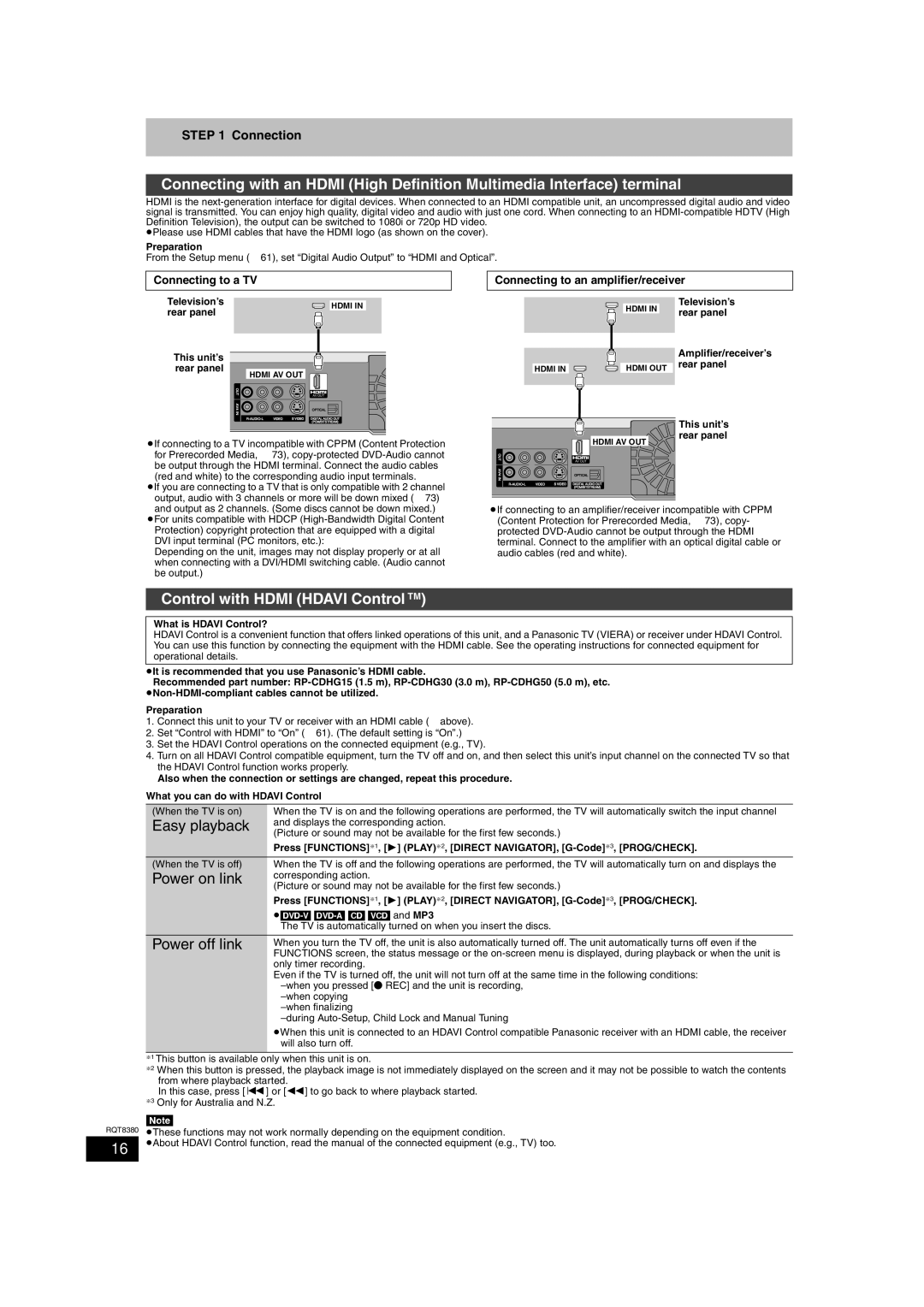 Panasonic DMR-EH65 Control with Hdmi Hdavi Control TM, Easy playback, Power on link, Power off link, Connection 