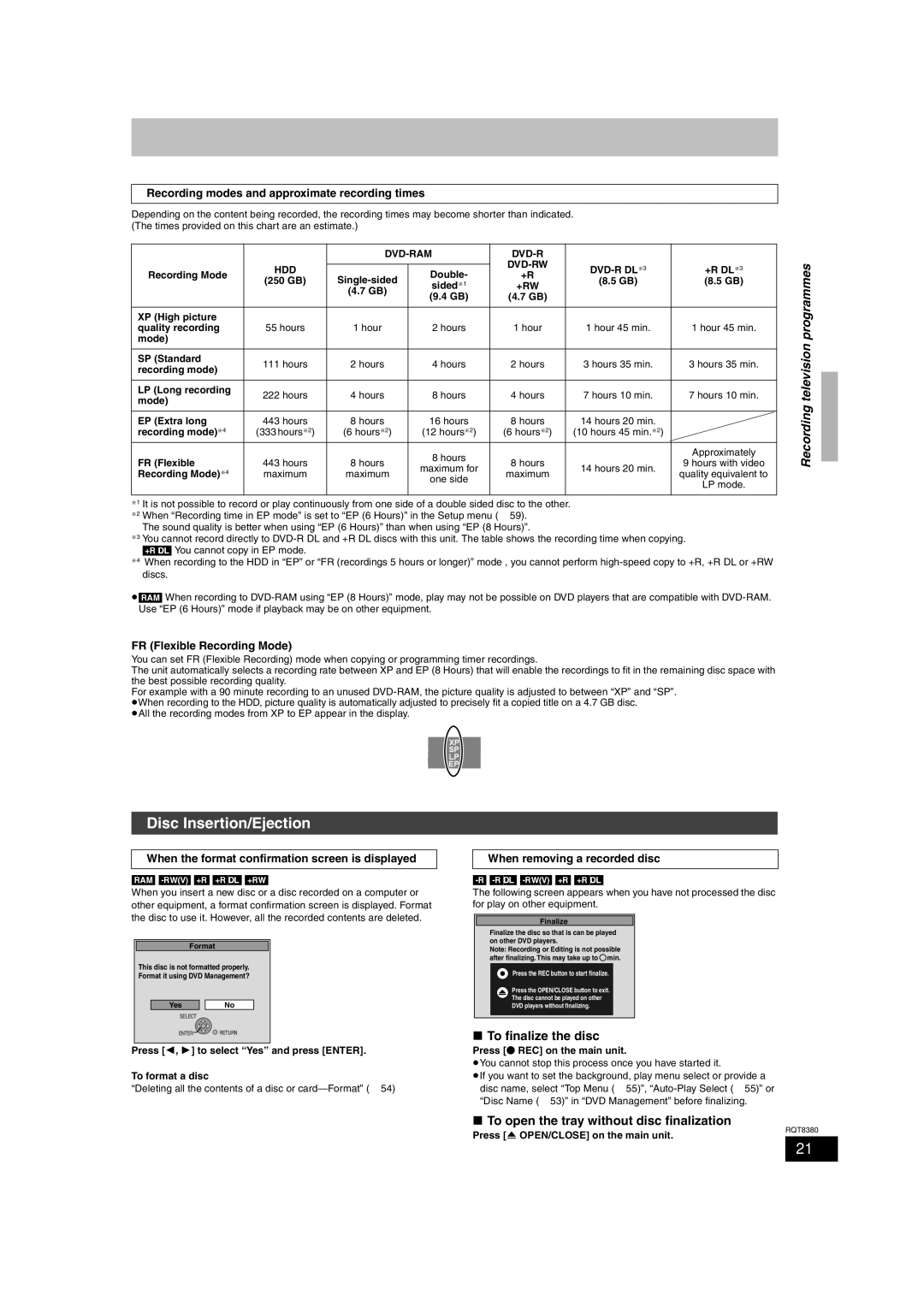 Panasonic DMR-EH65 operating instructions Disc Insertion/Ejection, Recording television programmes, To finalize the disc 