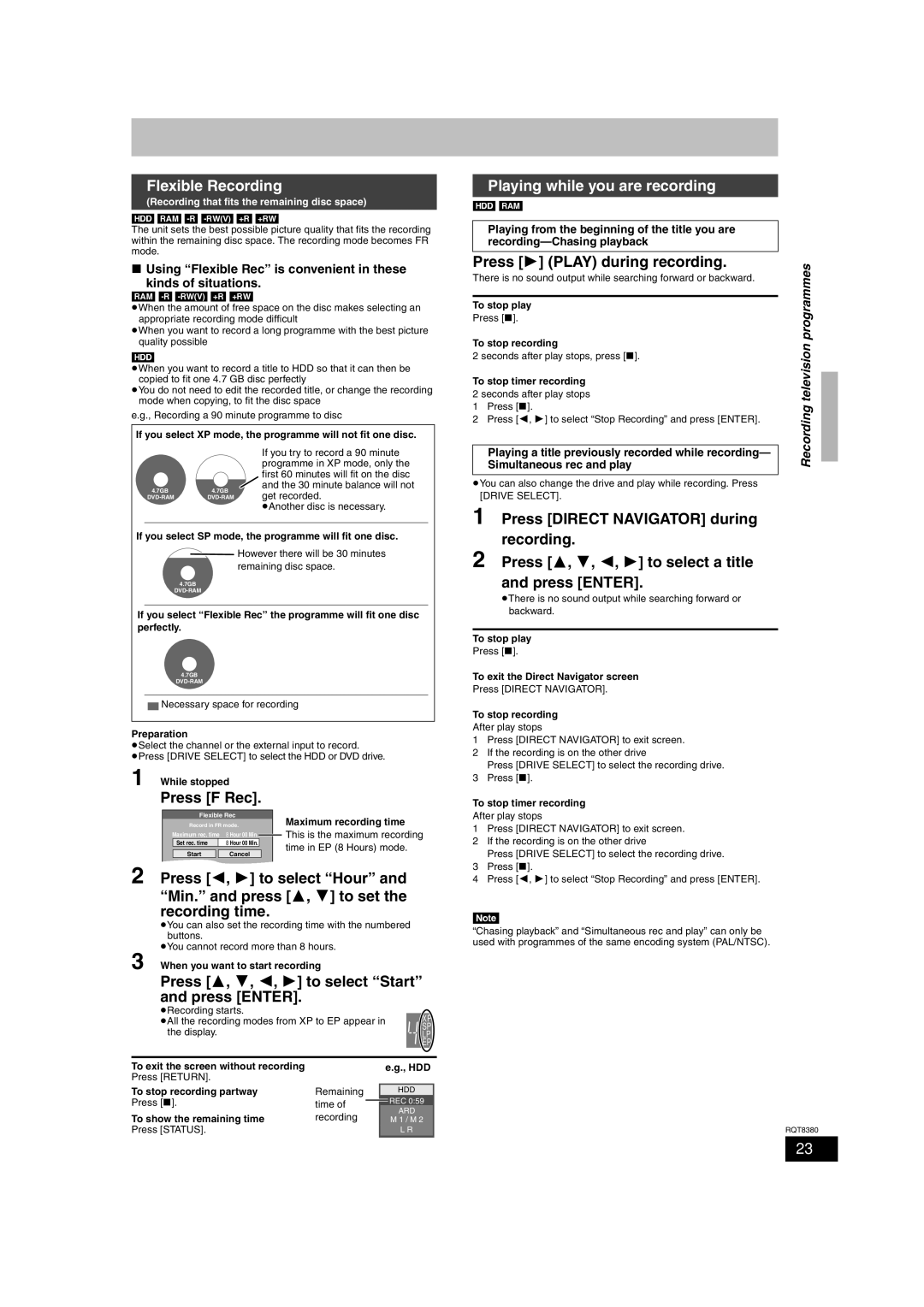 Panasonic DMR-EH65 operating instructions Flexible Recording, Press F Rec, Press 3, 4, 2, 1 to select Start and press Enter 