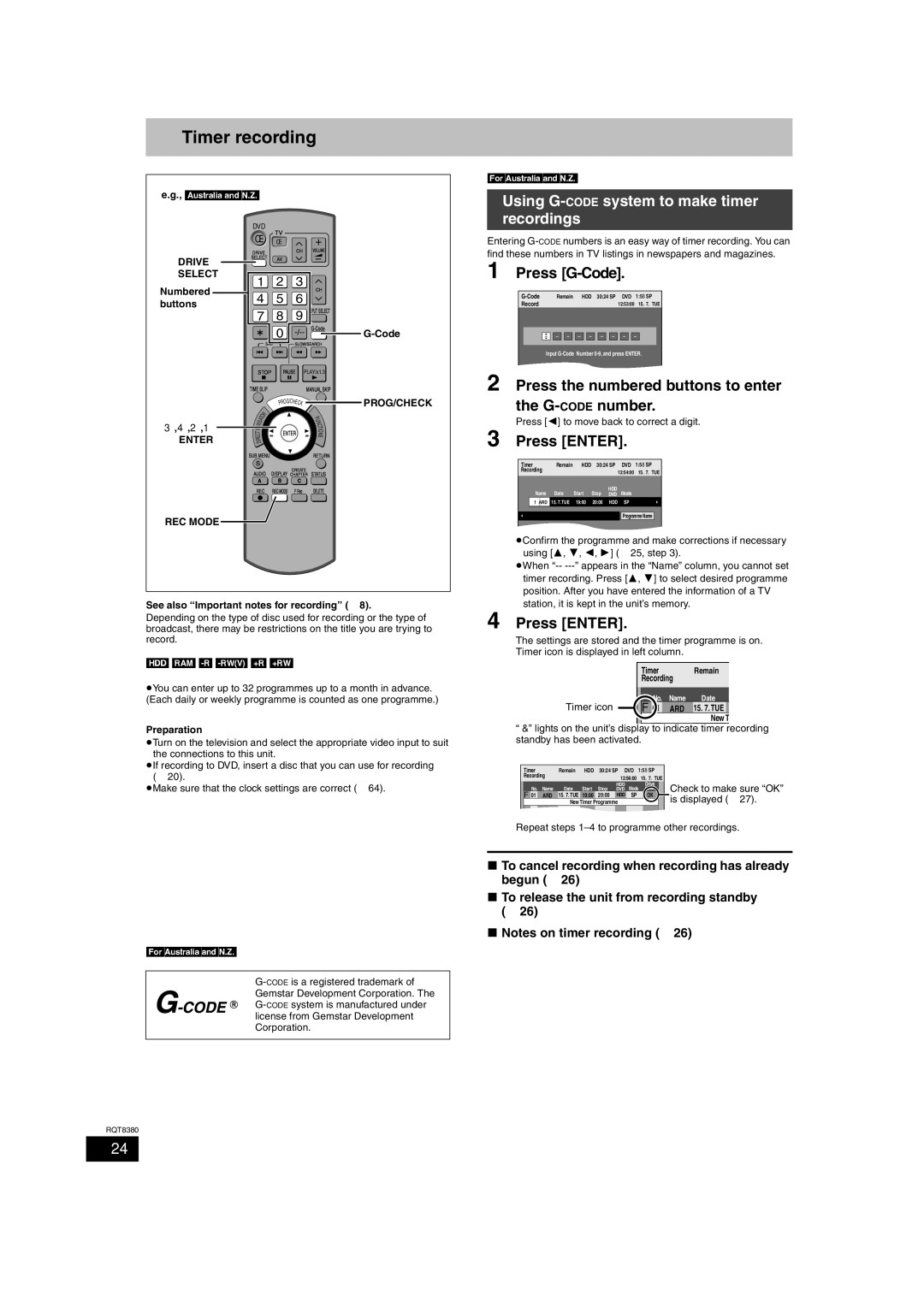 Panasonic DMR-EH65 operating instructions Timer recording, Using G-CODEsystem to make timer recordings, Press G-Code 