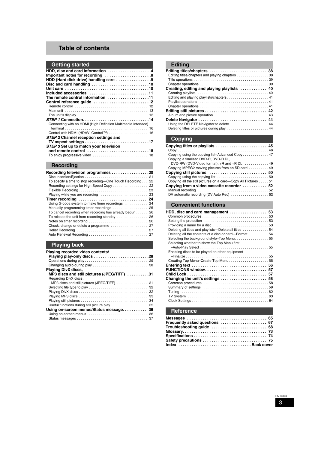 Panasonic DMR-EH65 operating instructions Table of contents 