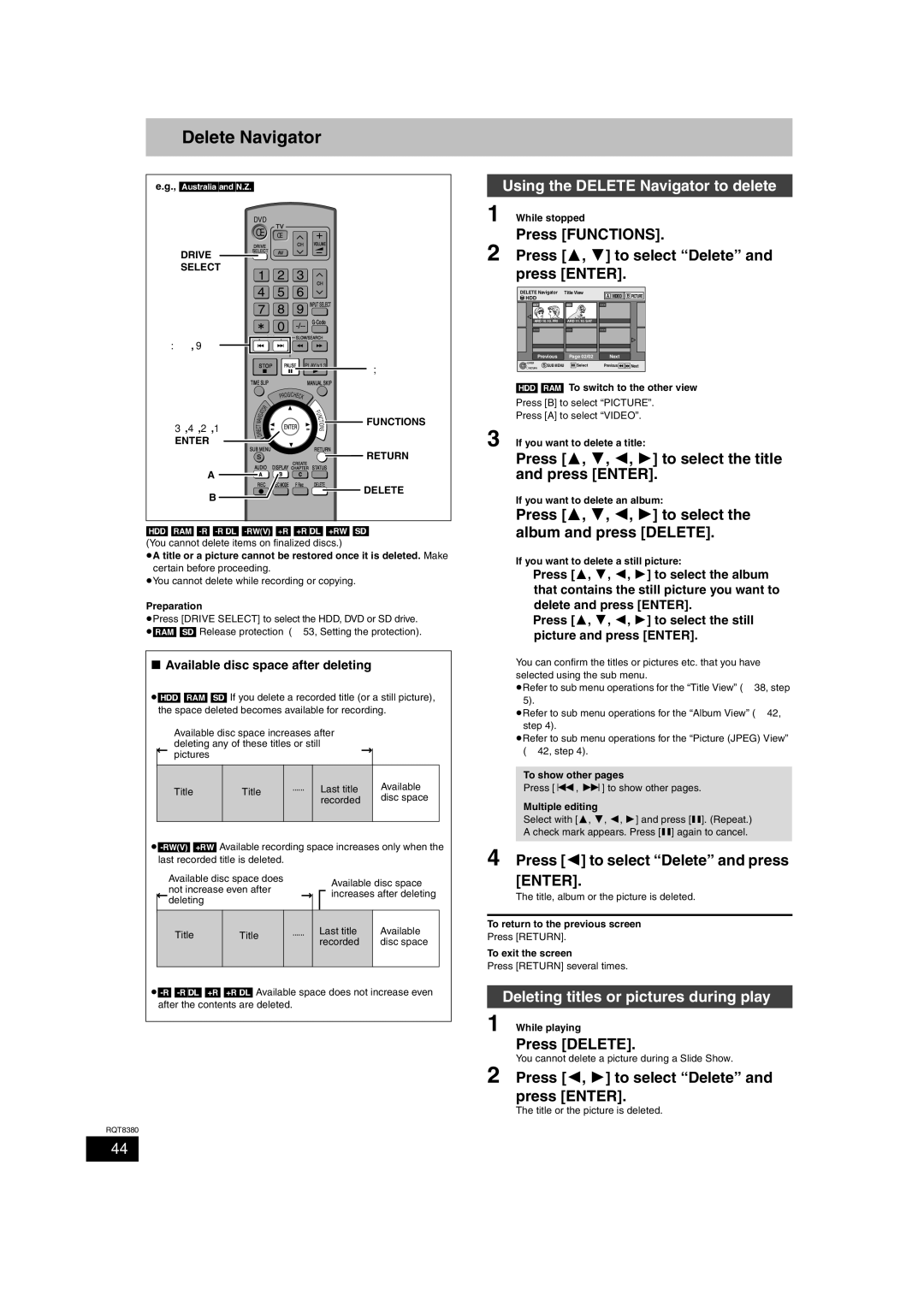 Panasonic DMR-EH65 operating instructions Delete Navigator, Deleting titles or pictures during play, Press Delete 