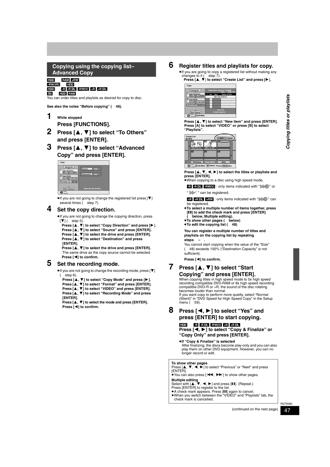 Panasonic DMR-EH65 operating instructions Copying using the copying list- Advanced Copy 