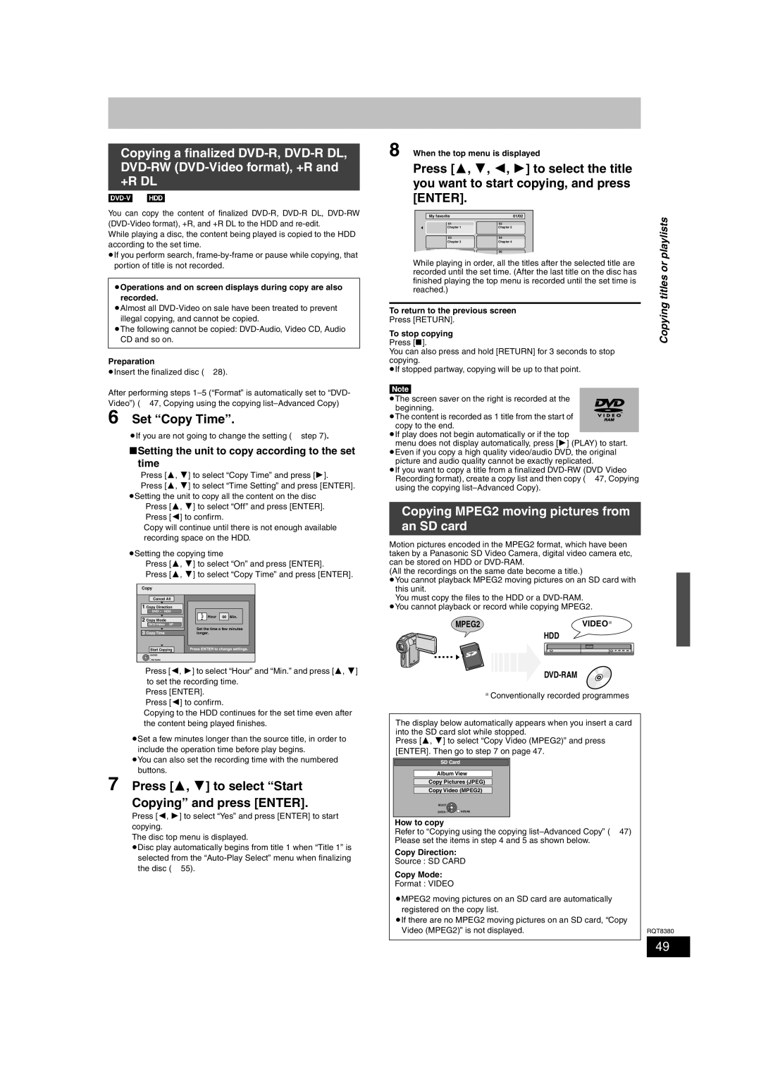 Panasonic DMR-EH65 Set Copy Time, Copying MPEG2 moving pictures from an SD card, MPEG2VIDEO§ HDD DVD-RAM 