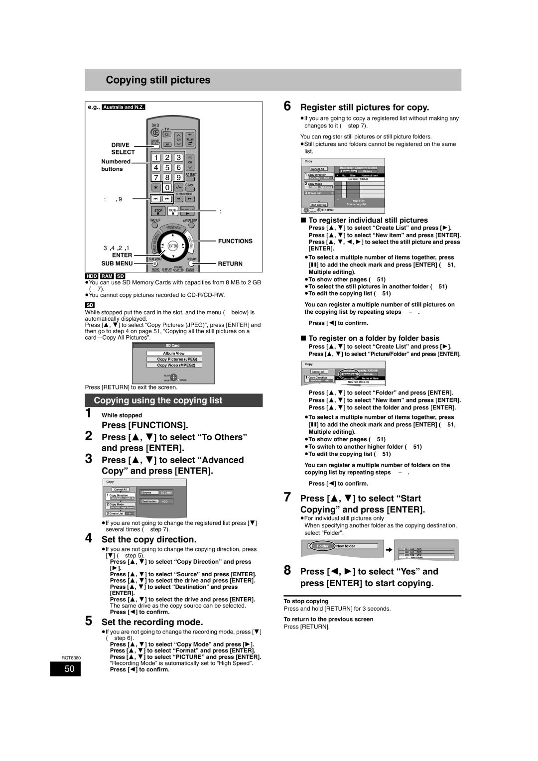 Panasonic DMR-EH65 Copying still pictures, Copying using the copying list, Register still pictures for copy 