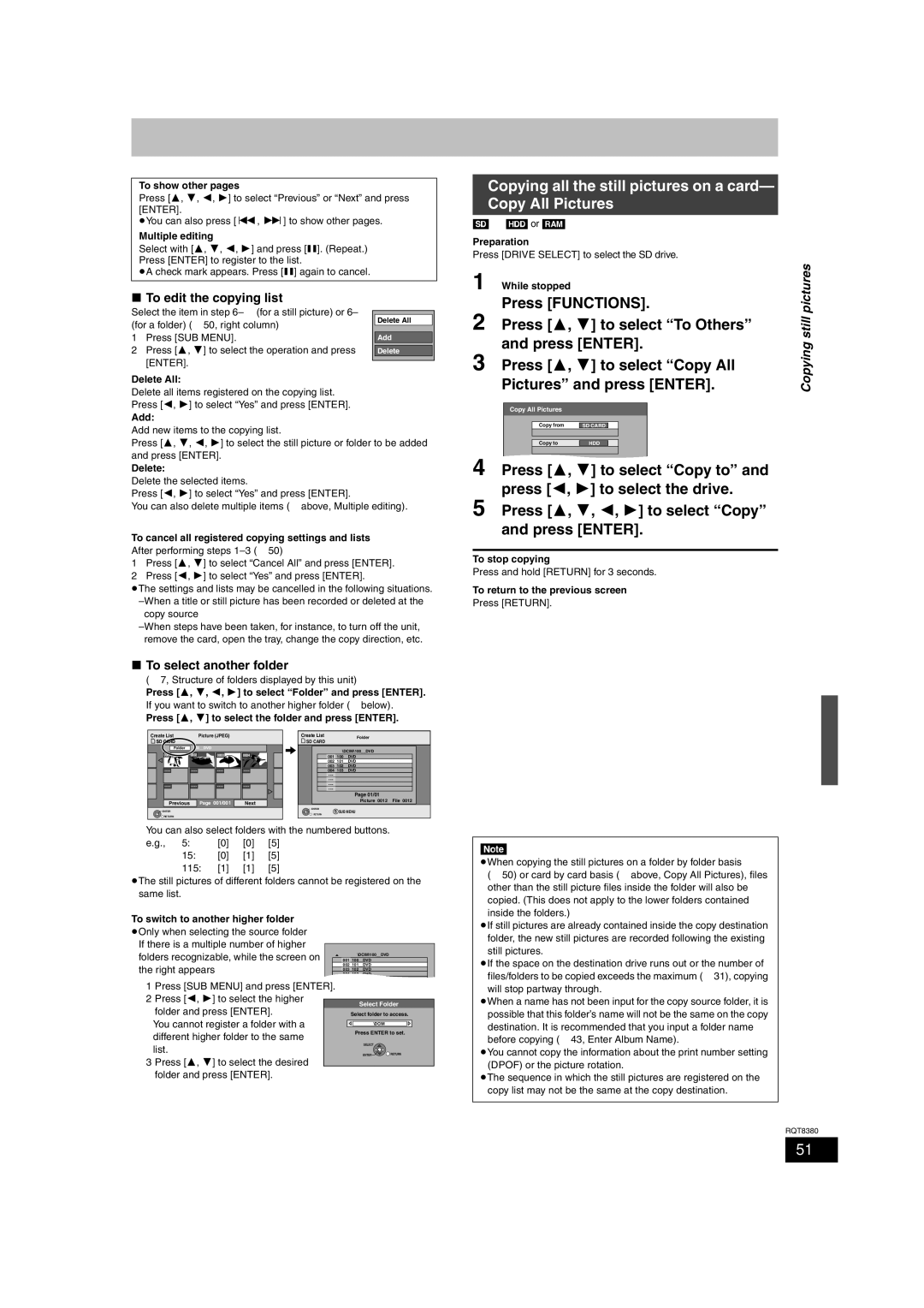 Panasonic DMR-EH65 Copying all the still pictures on a card- Copy All Pictures, Press 3, 4 to select To Others, Still 