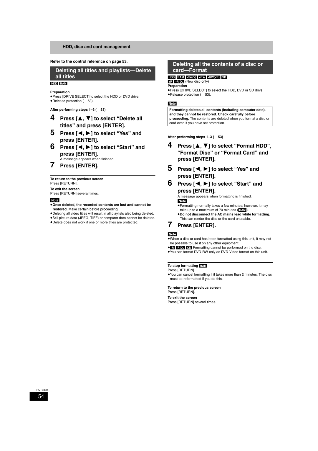 Panasonic DMR-EH65 Deleting all titles and playlists-Delete all titles, Deleting all the contents of a disc or card-Format 