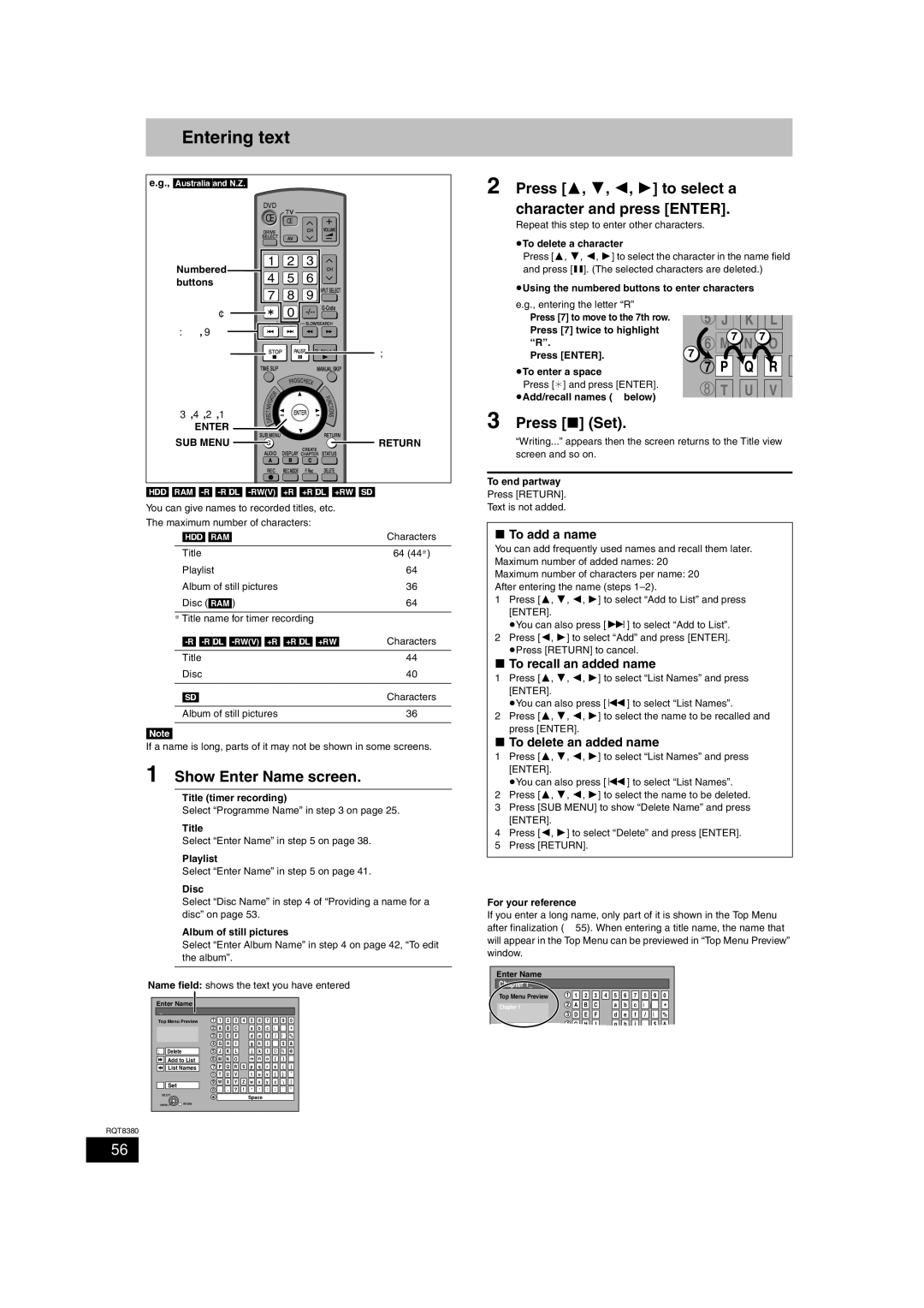 Panasonic DMR-EH65 Entering text, Show Enter Name screen, Press 3, 4, 2, 1 to select a character and press Enter 