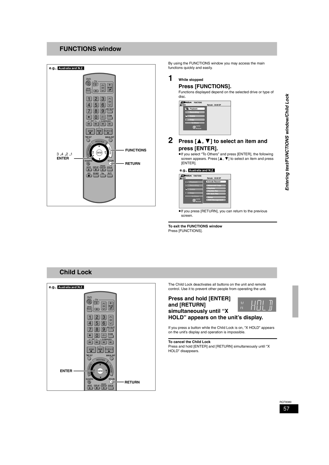 Panasonic DMR-EH65 operating instructions Functions window, Child Lock, Press 3, 4 to select an item and press Enter 