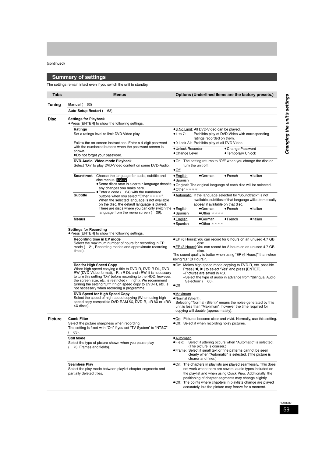 Panasonic DMR-EH65 operating instructions Summary of settings, Changing the unit’s settings, Disc, Picture 