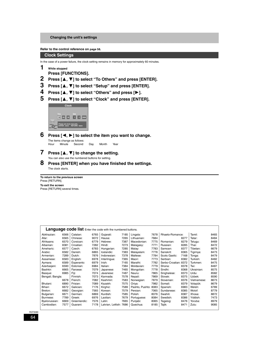 Panasonic DMR-EH65 operating instructions Clock Settings, Press Enter when you have finished the settings, Clock starts 