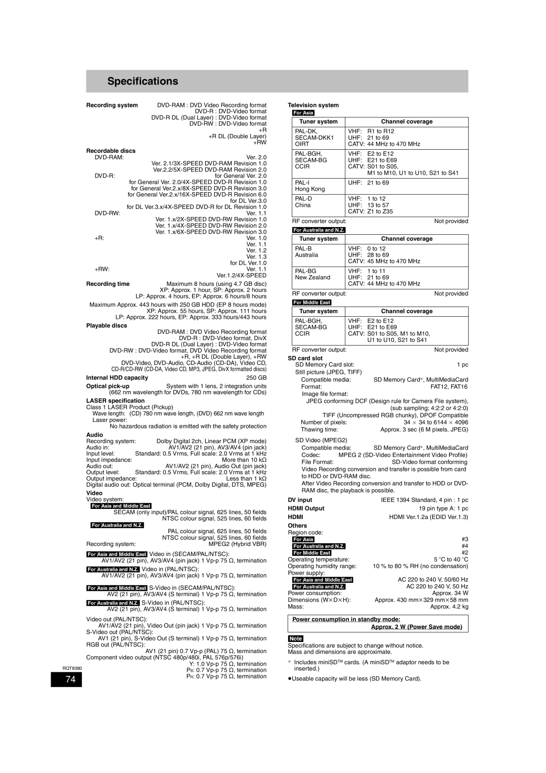 Panasonic DMR-EH65 operating instructions Specifications, Hdmi 