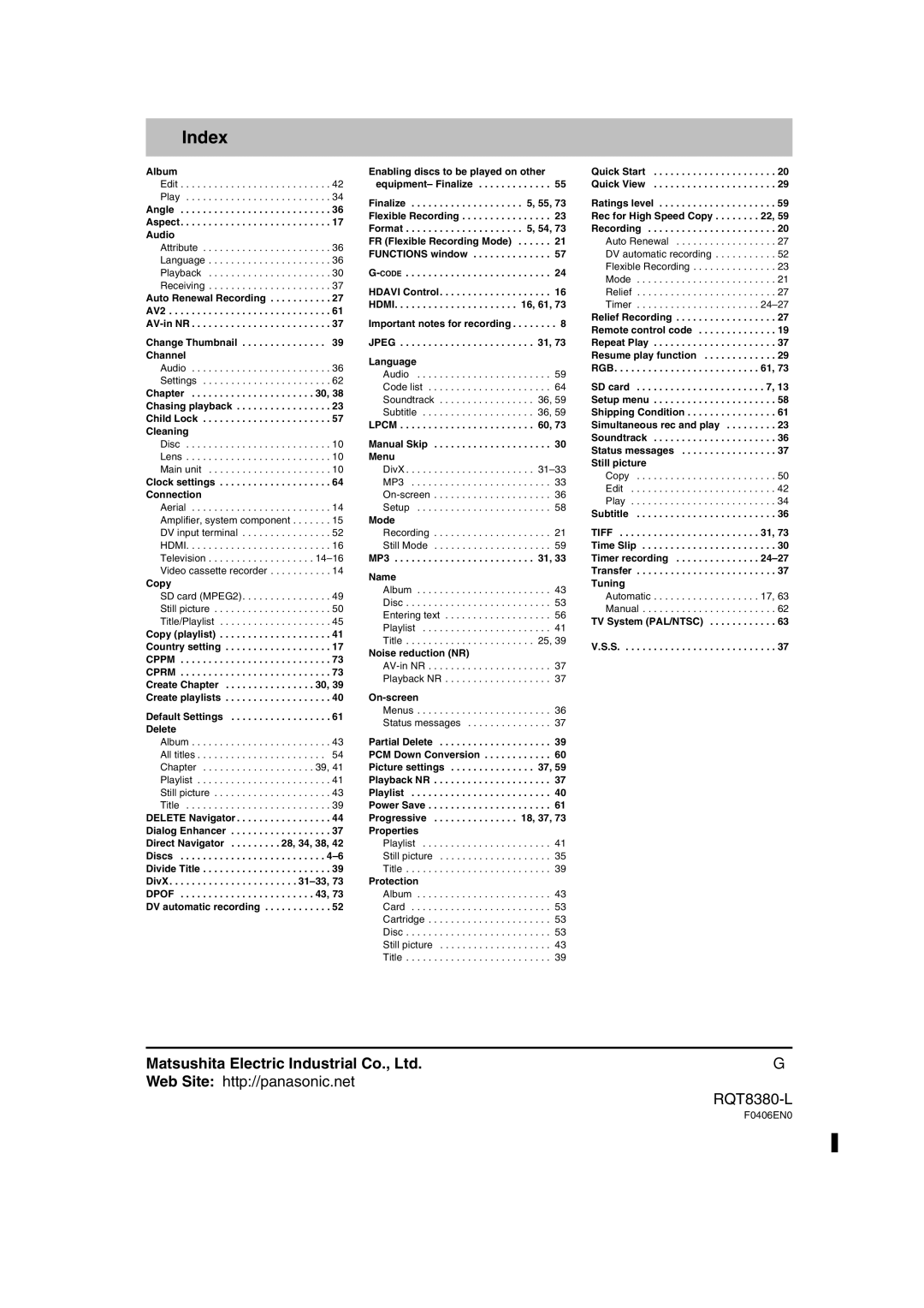 Panasonic DMR-EH65 operating instructions Index, Web Site http//panasonic.net RQT8380-L 