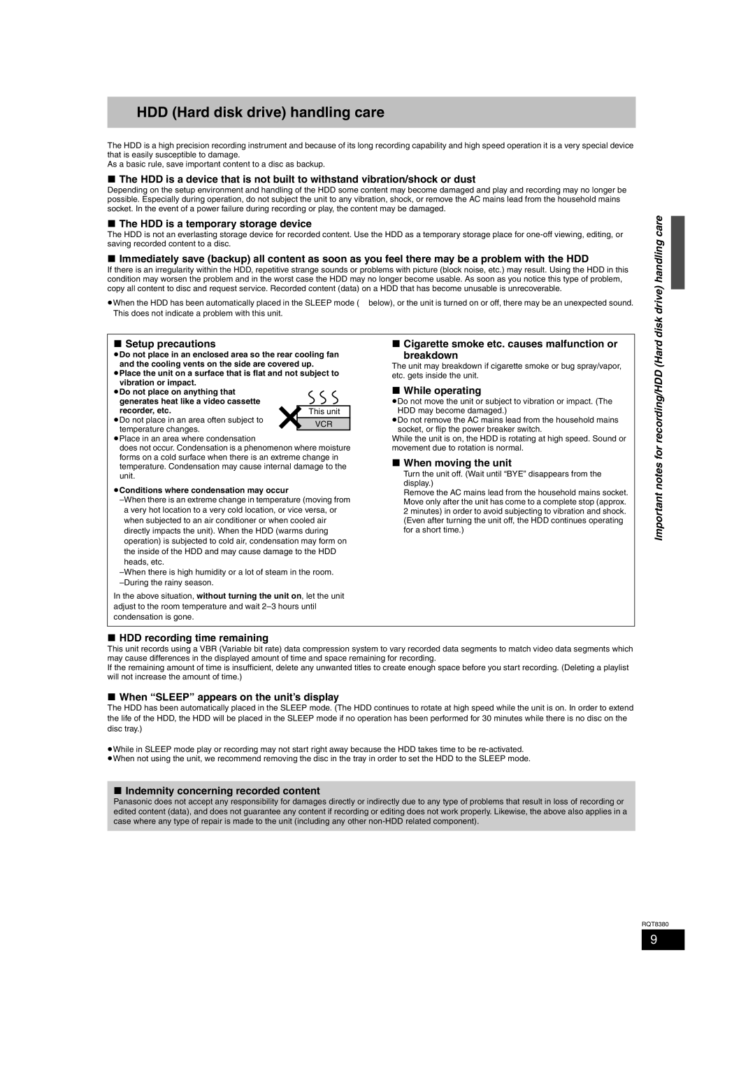 Panasonic DMR-EH65 HDD Hard disk drive handling care, Disk drive handling care, Important notes for recording/HDD Hard 