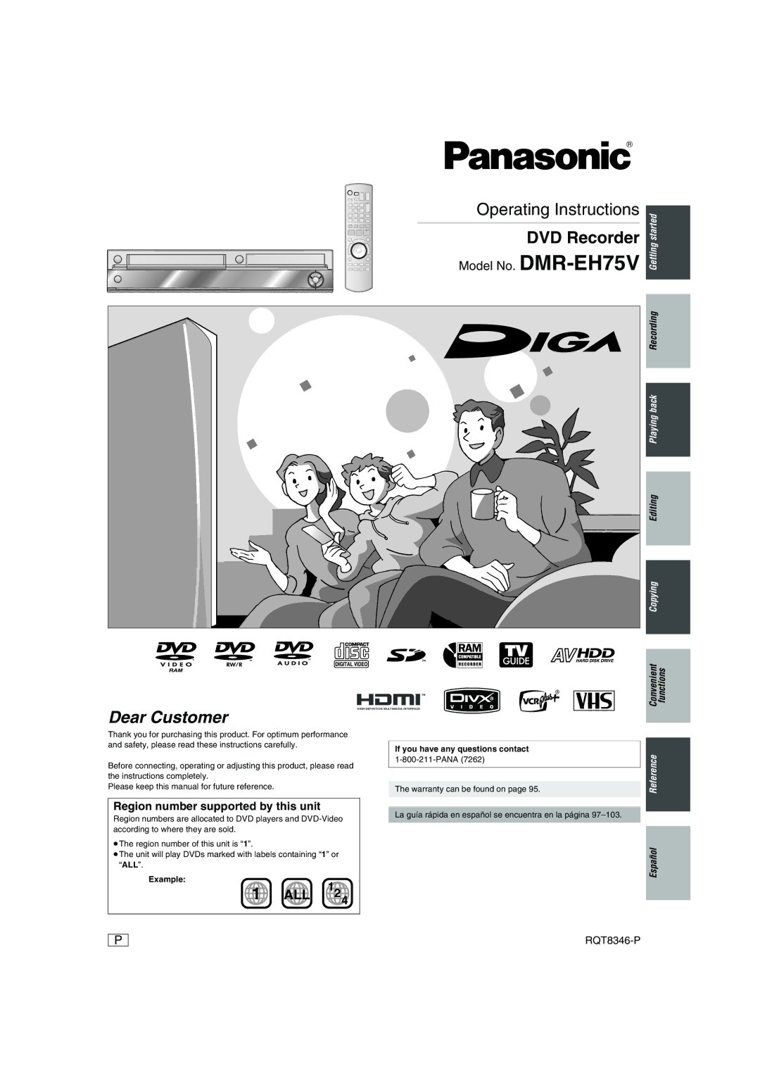 Panasonic DMR-EH75V warranty Region number supported by this unit, Example, If you have any questions contact 